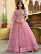Tulsi Art Enchanting Pink Embroidered Net Engagement Wear Lehenga Choli | Grocsy