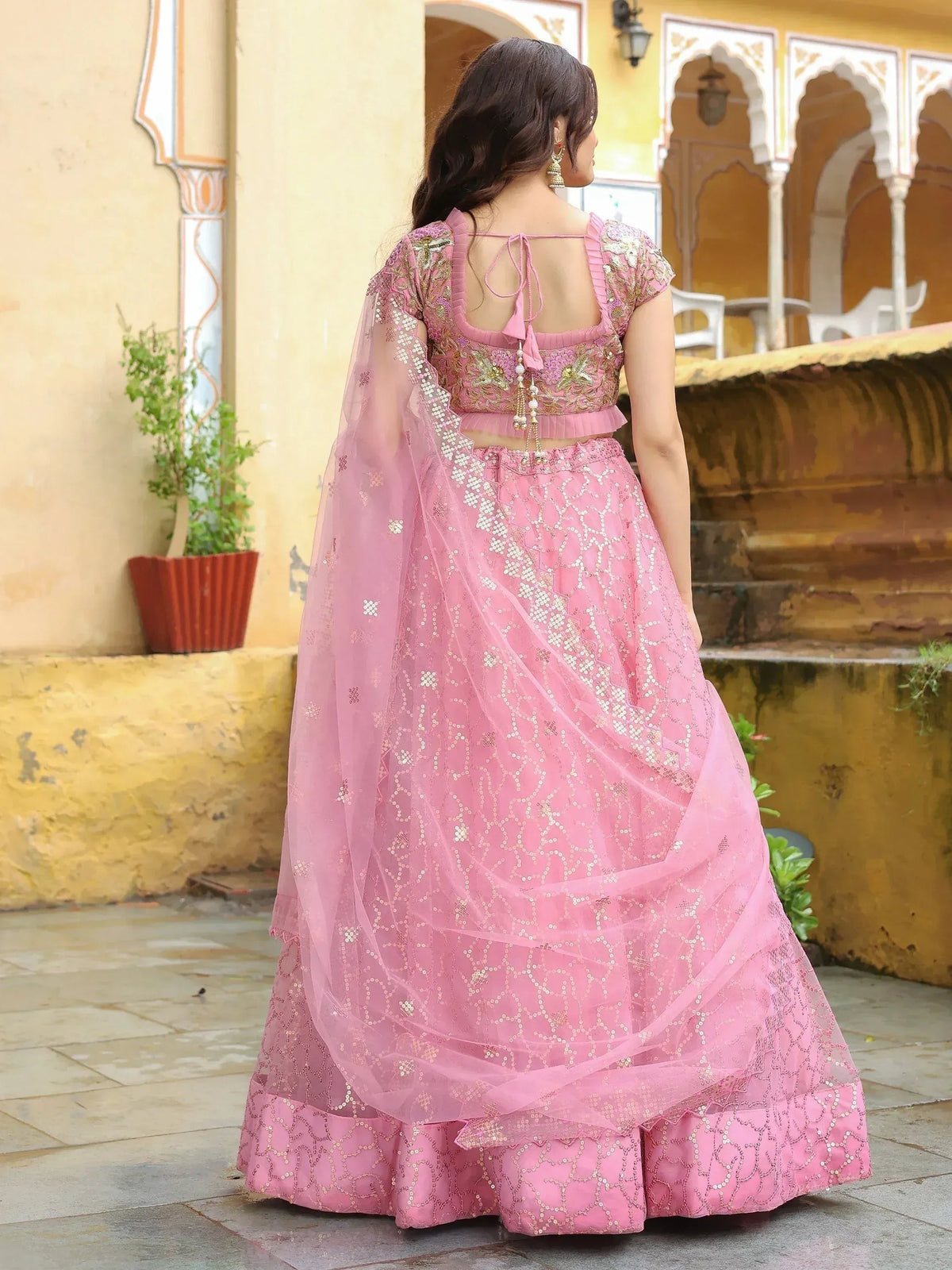 Tulsi Art Enchanting Pink Embroidered Net Engagement Wear Lehenga Choli | Grocsy