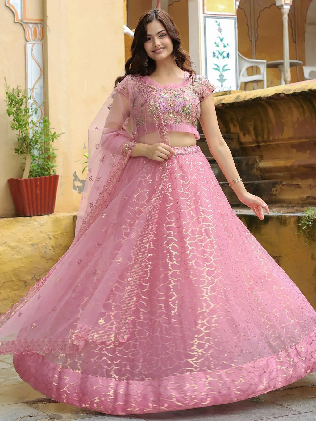 Tulsi Art Enchanting Pink Embroidered Net Engagement Wear Lehenga Choli | Grocsy