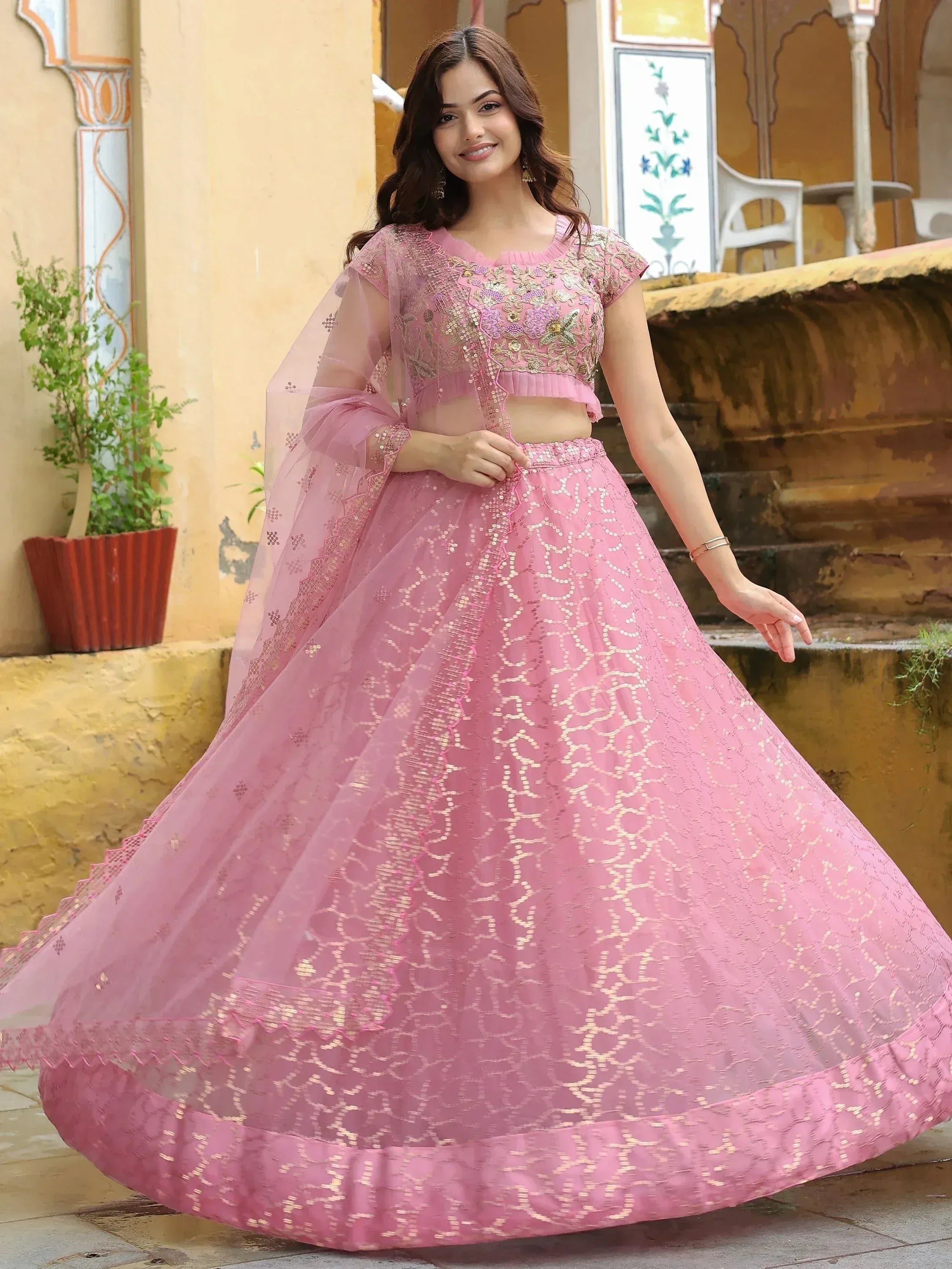 Tulsi Art Enchanting Pink Embroidered Net Engagement Wear Lehenga Choli | Grocsy