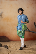 Tree Bark Classy Print Silk Nehrujacket Set by Hilo Design | Grocsy