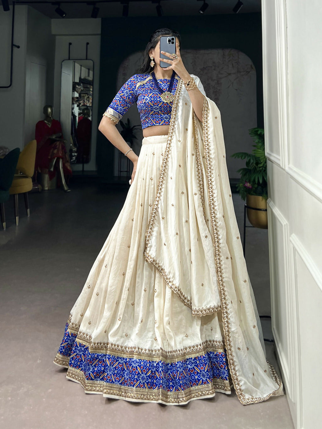 Lorenvalley Fashion White Vichitra Silk Sequins and Thread Embroidery Work Lehenga Choli with Dupatta | Grocsy