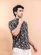 Miravan Men's Floral Printed Half Sleeve Spread Collar Ethnic Motifs Black Slim Fit Shirt | Grocsy