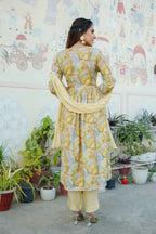 Vaasva Women Yellow Muslin Embroidered Kurta, Pant & Dupatta Set | Grocsy