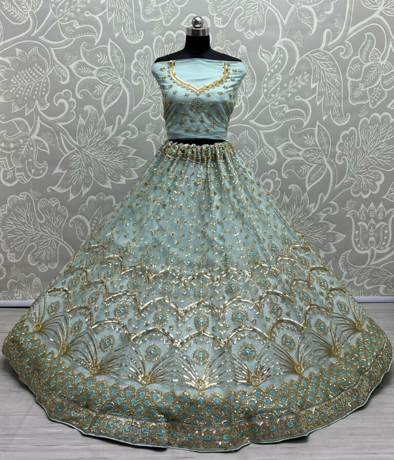 Jyoti Fashion Women's Sky Blue Bridal Net Fancy Sequins with Multi Thread Embroidered & Handwork Wedding Lehenga Choli | Grocsy