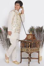 Little Bansi Banarsi Silk Pink Blue Floral Embroidery Jacket with Cotton Kantha kurta and Kantha Pyjama - Cream | Grocsy