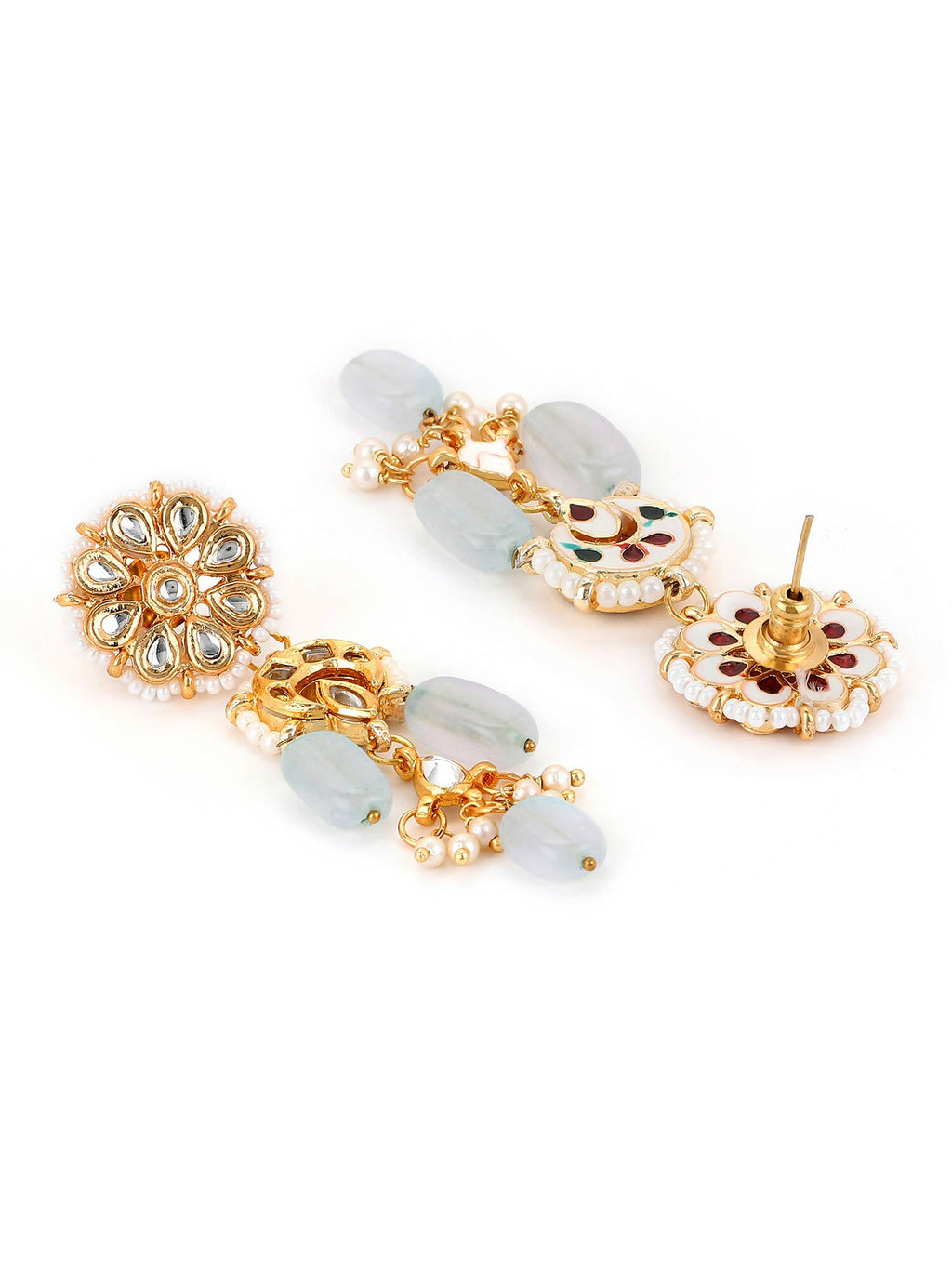 Gold-Toned White Kundan Contemporary Gold-Polished Drop Earrings - Ruby Raang | Grocsy