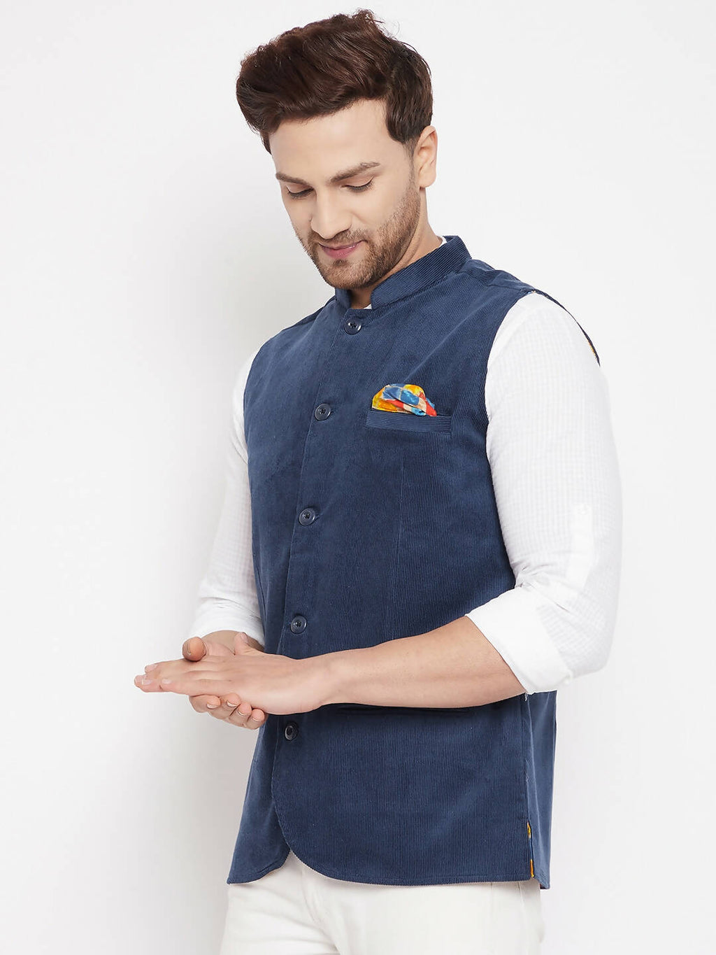 Even Apparels Blue Polyester Men's Nehru Jacket-Contrast Lining-Inbuilt Pocket Square | Grocsy