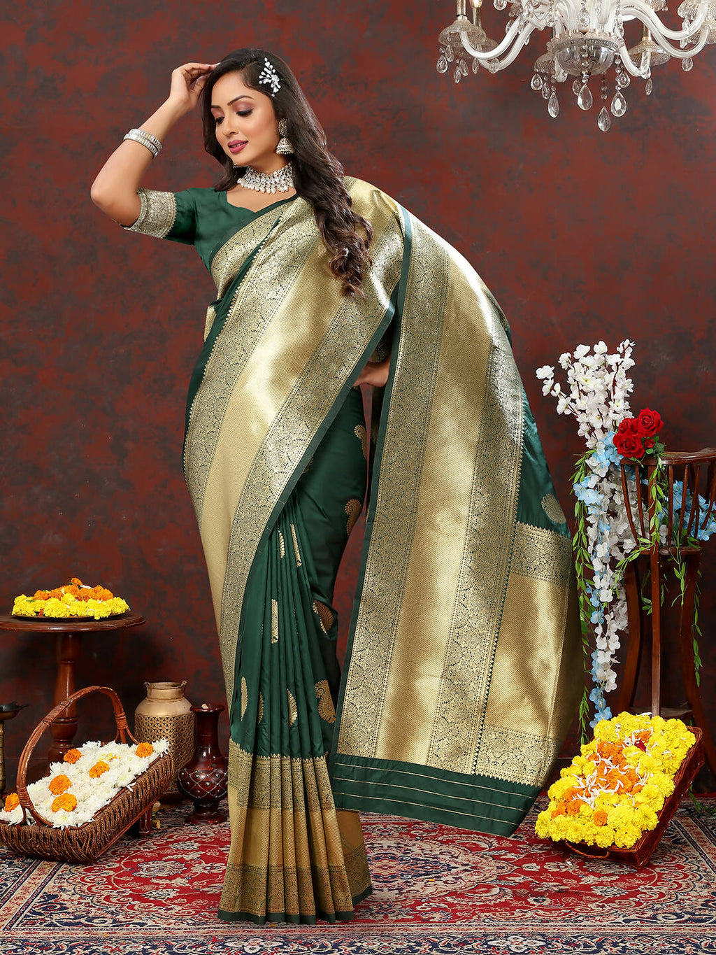 Lorenvalley Fashion Green Soft Silk Woven Design Gold Zari Weaving Saree | Grocsy