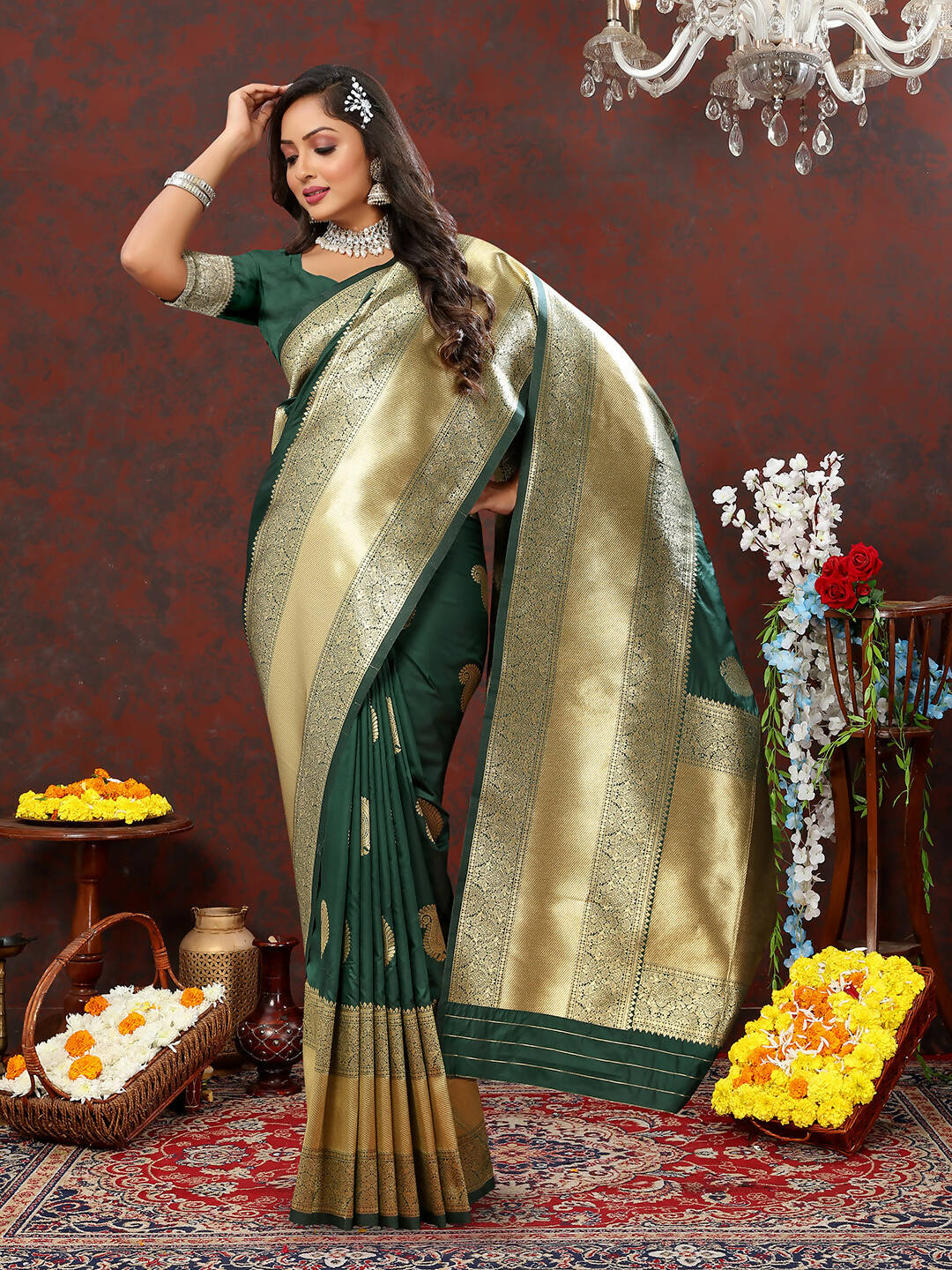 Lorenvalley Fashion Green Soft Silk Woven Design Gold Zari Weaving Saree | Grocsy