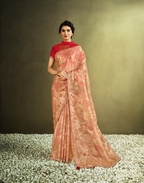 Peach Tissue Digital Printeds Flowers. Stone Embellishments Saree - Norita Hit | Grocsy