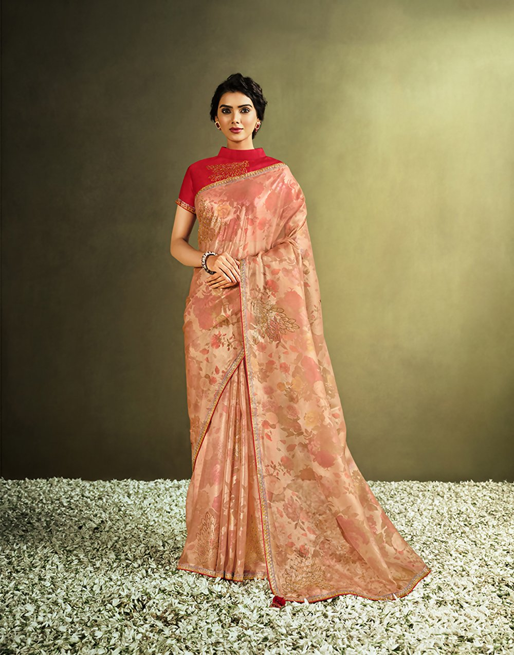 Peach Tissue Digital Printeds Flowers. Stone Embellishments Saree - Norita Hit | Grocsy