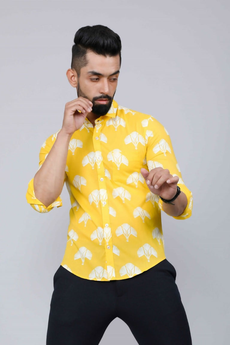 Miravan Men's Yellow and White Floral Printed Full Sleeves Cotton Casual Shirt | Grocsy