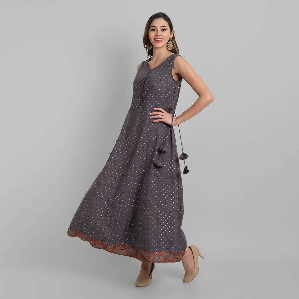 Juniper Women's Grey Rayon Printed Flared Dress | Grocsy