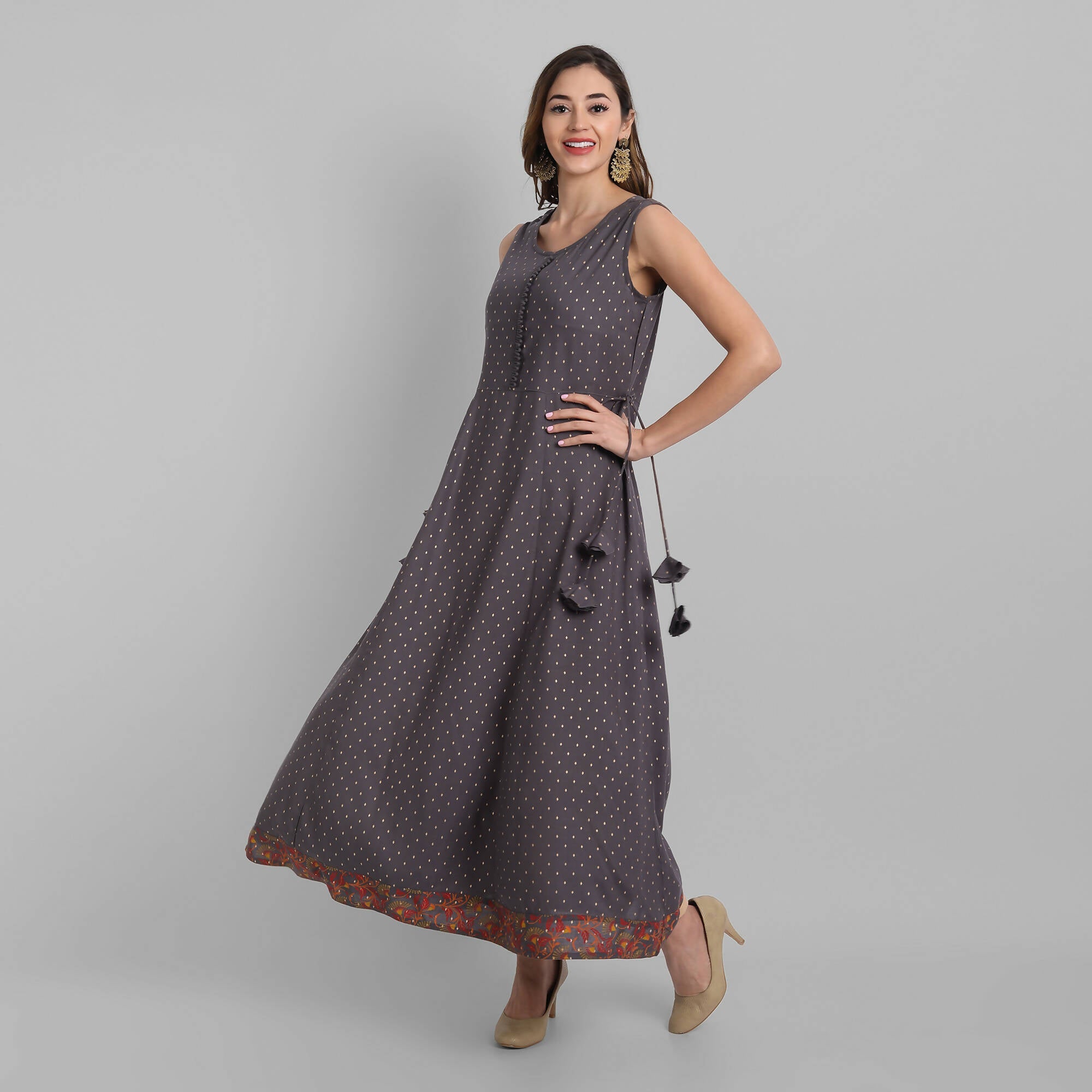 Juniper Women's Grey Rayon Printed Flared Dress | Grocsy