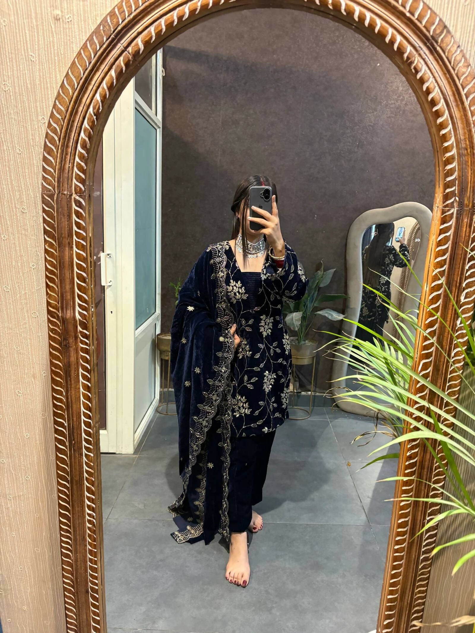 Vastranavya Blue Velvet Front Embroidery Work Kurta With Bottom & Dupatta | Grocsy