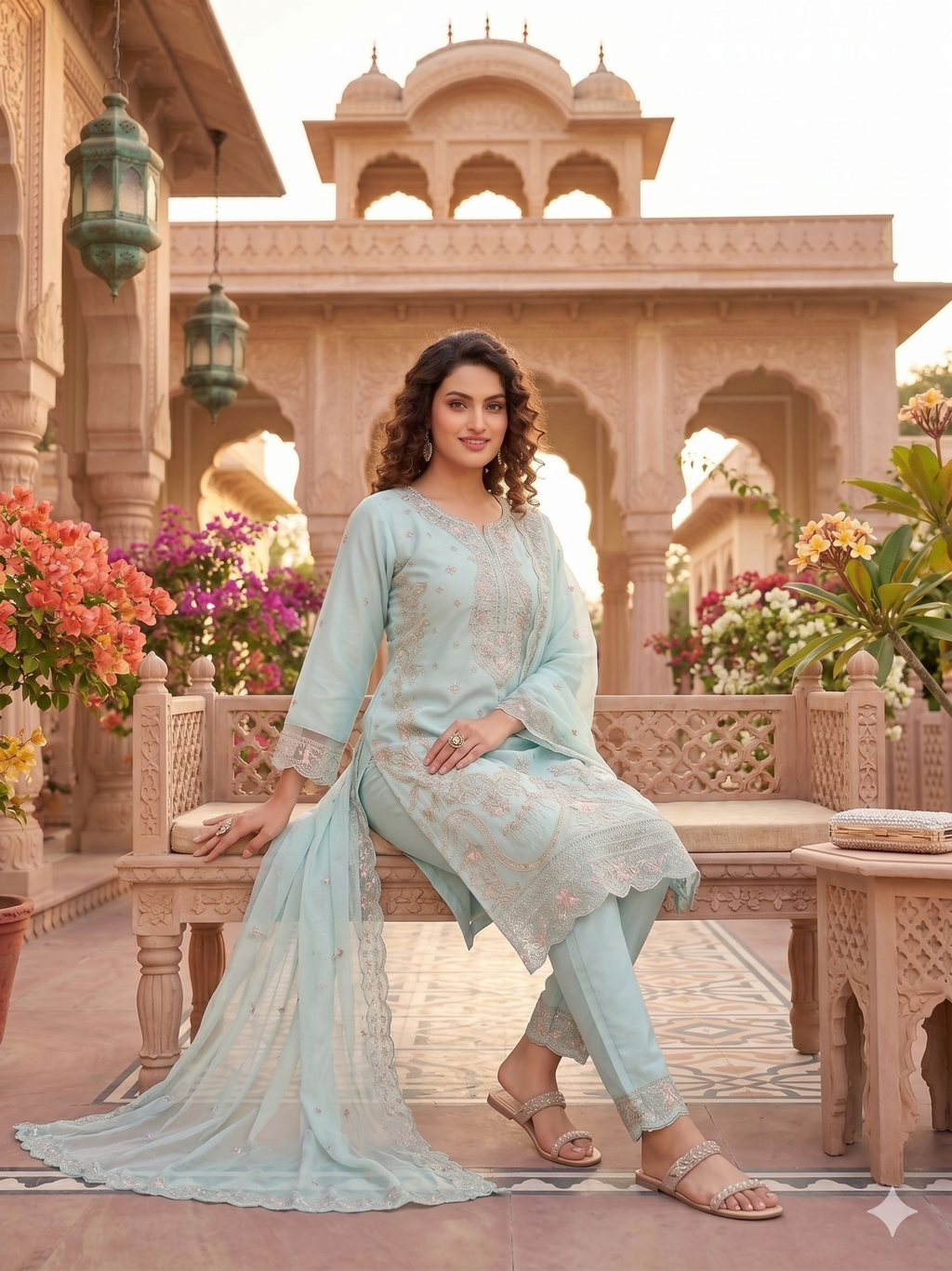 Teeya Creation Womens New Trendy Silk With Heavy Embroiedery With Sequence Work Sky-Blue Kurta Set | Grocsy