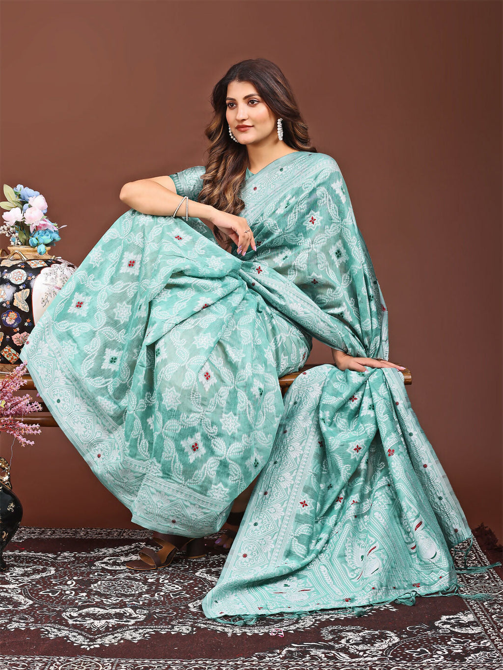 Shree Shyam Fashion Pankhuri Sea Green Linen Cotton Saree | Grocsy