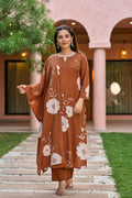 The52 Women's Gorgeous Printed Work Muslin Fabric Straight Kurta Pant and Dupatta Set-Brown | Grocsy