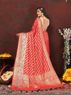 Lorenvalley Fashion Red Soft Silk Woven Design with Zari Weaving Leheriya Design Saree | Grocsy
