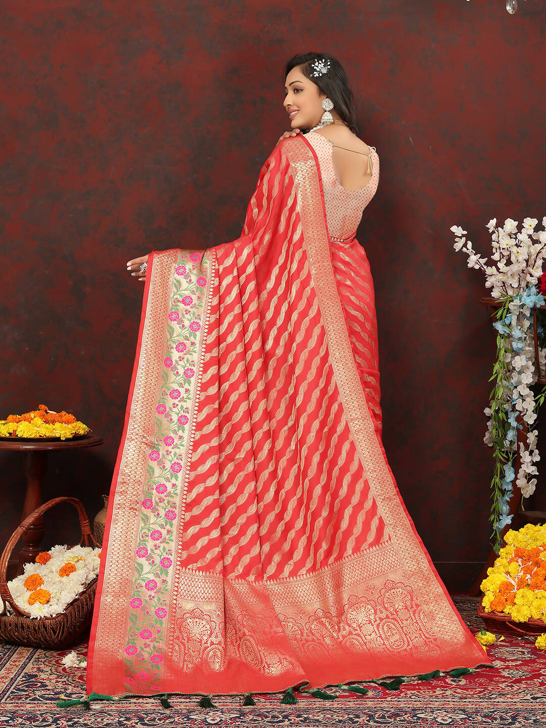 Lorenvalley Fashion Red Soft Silk Woven Design with Zari Weaving Leheriya Design Saree | Grocsy