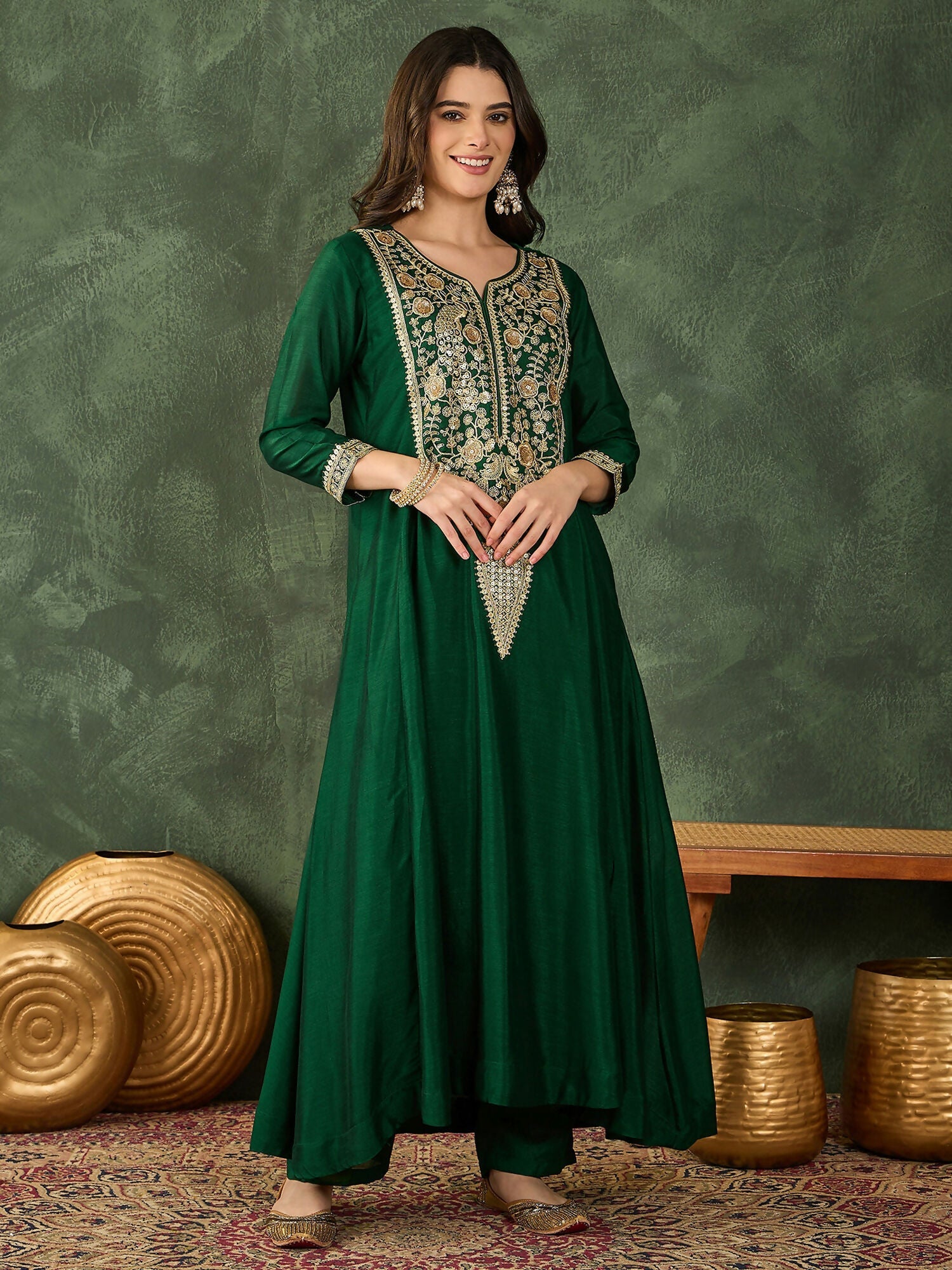 The52 Women's Beautiful Embroidery Work Vichitra Silk Fabric Flared Kurta Pant and Dupatta Set-Green | Grocsy