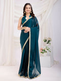 Teal Blue Rangoli Silk Solid, Lace Border Ready To Wear Saree - Kashvi | Grocsy