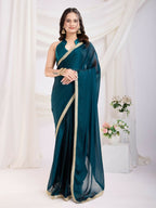 Teal Blue Rangoli Silk Solid, Lace Border Ready To Wear Saree - Kashvi | Grocsy