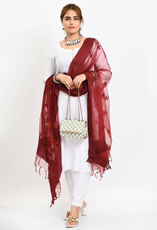 Mominos Fashion Moeza Women's Orgenza All Over Chikan Work Maroon Dupatta | Grocsy