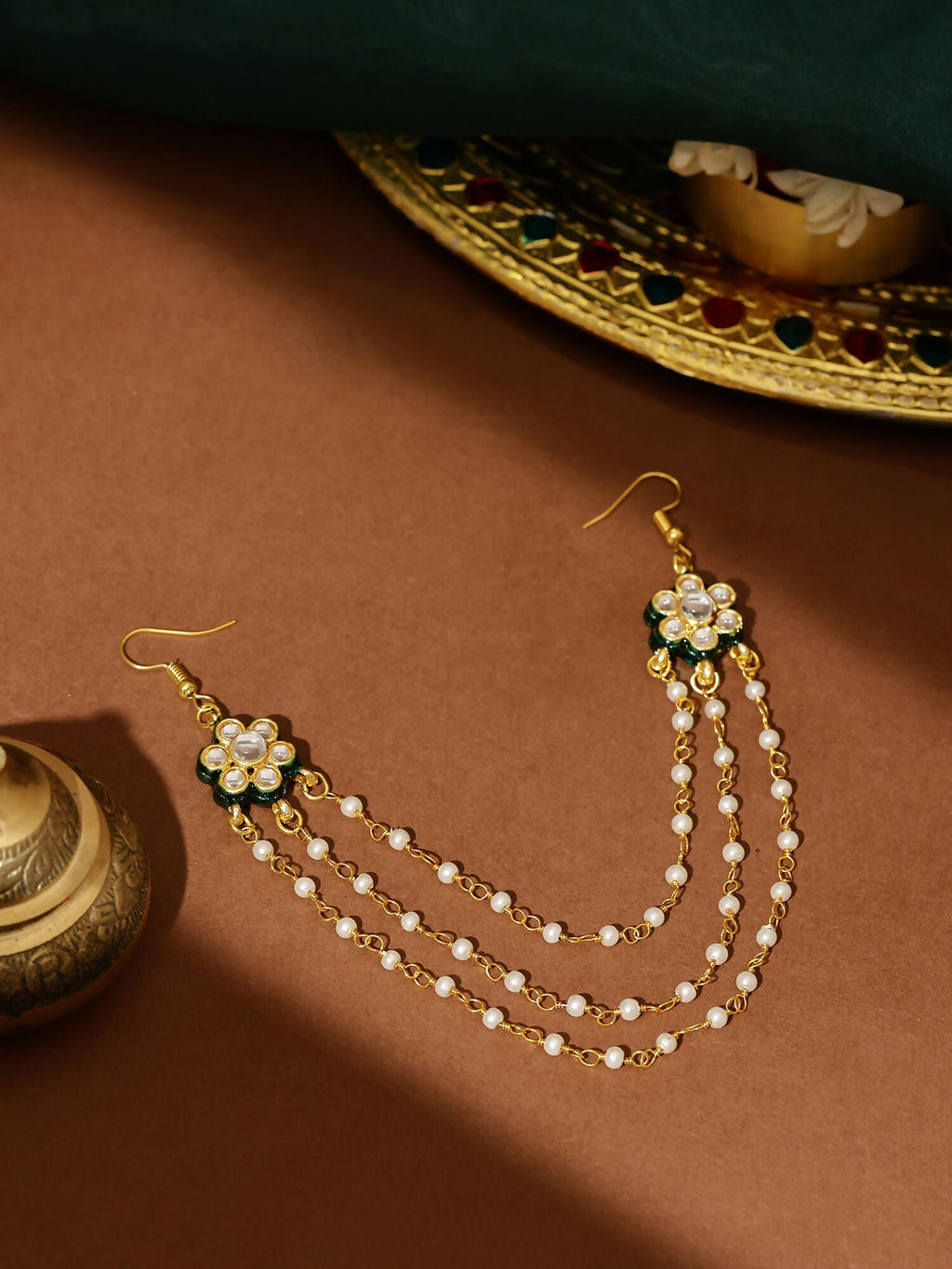 Ruby Raang Gold Green Meenakari & Pearl Hair Jewelry | Grocsy