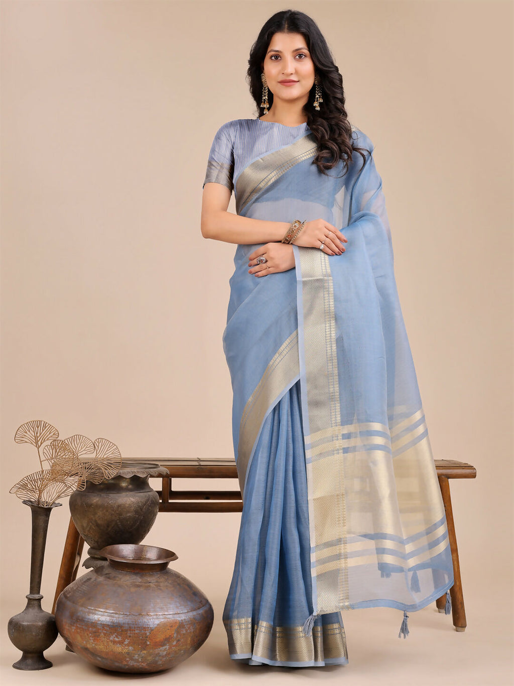 Shree Shyam Fashion Seoul Sky Blue Organza Saree | Grocsy