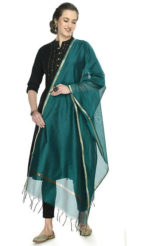 Mominos Fashion Moeza Banarsi Piping Rama Green Dupatta | Grocsy