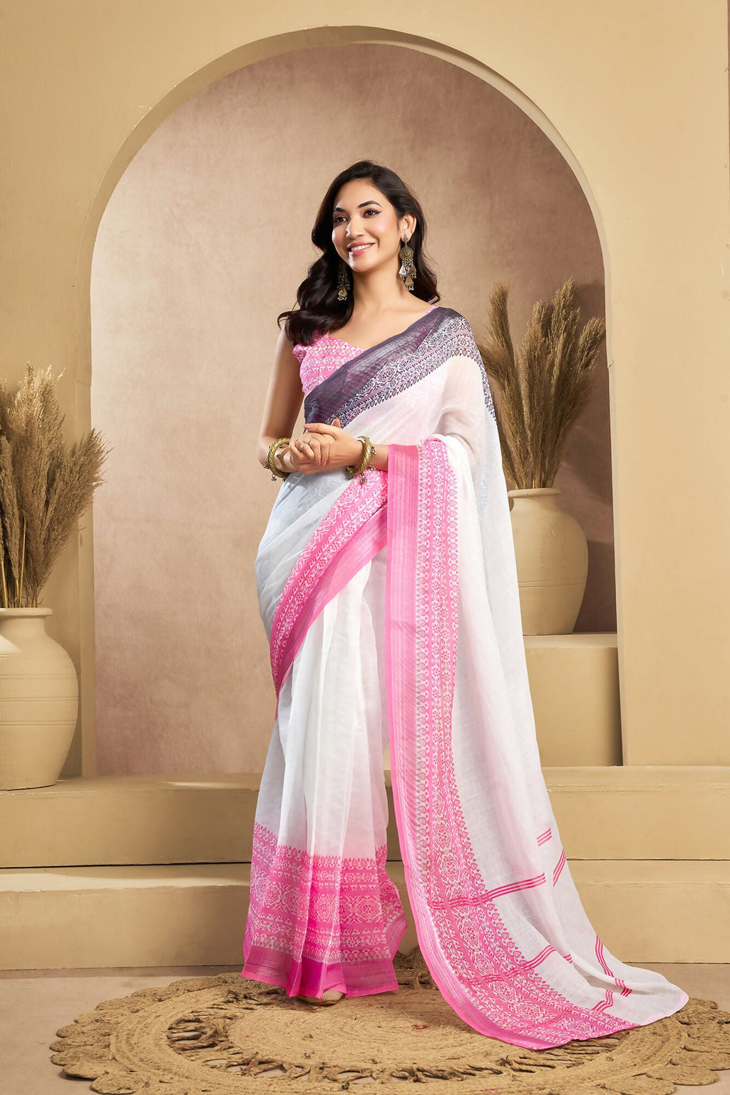 Vastranavya White Digital Printed Linen Ready To Wear Designer Saree with Unstitched Blouse | Grocsy
