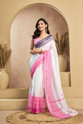 Vastranavya White Digital Printed Linen Ready To Wear Designer Saree with Unstitched Blouse | Grocsy
