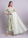 Joban Fashion Green Cotton Floral Printed & Embroidery Work Anarkali Kurta With Trousers & Dupatta Set | Grocsy