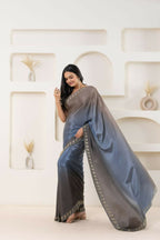 Grey Satin Pedding Designer, Printed Party Wear Ready To Wear Saree - Femina | Grocsy