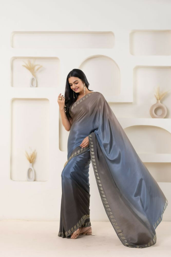Grey Satin Pedding Designer, Printed Party Wear Ready To Wear Saree - Femina | Grocsy