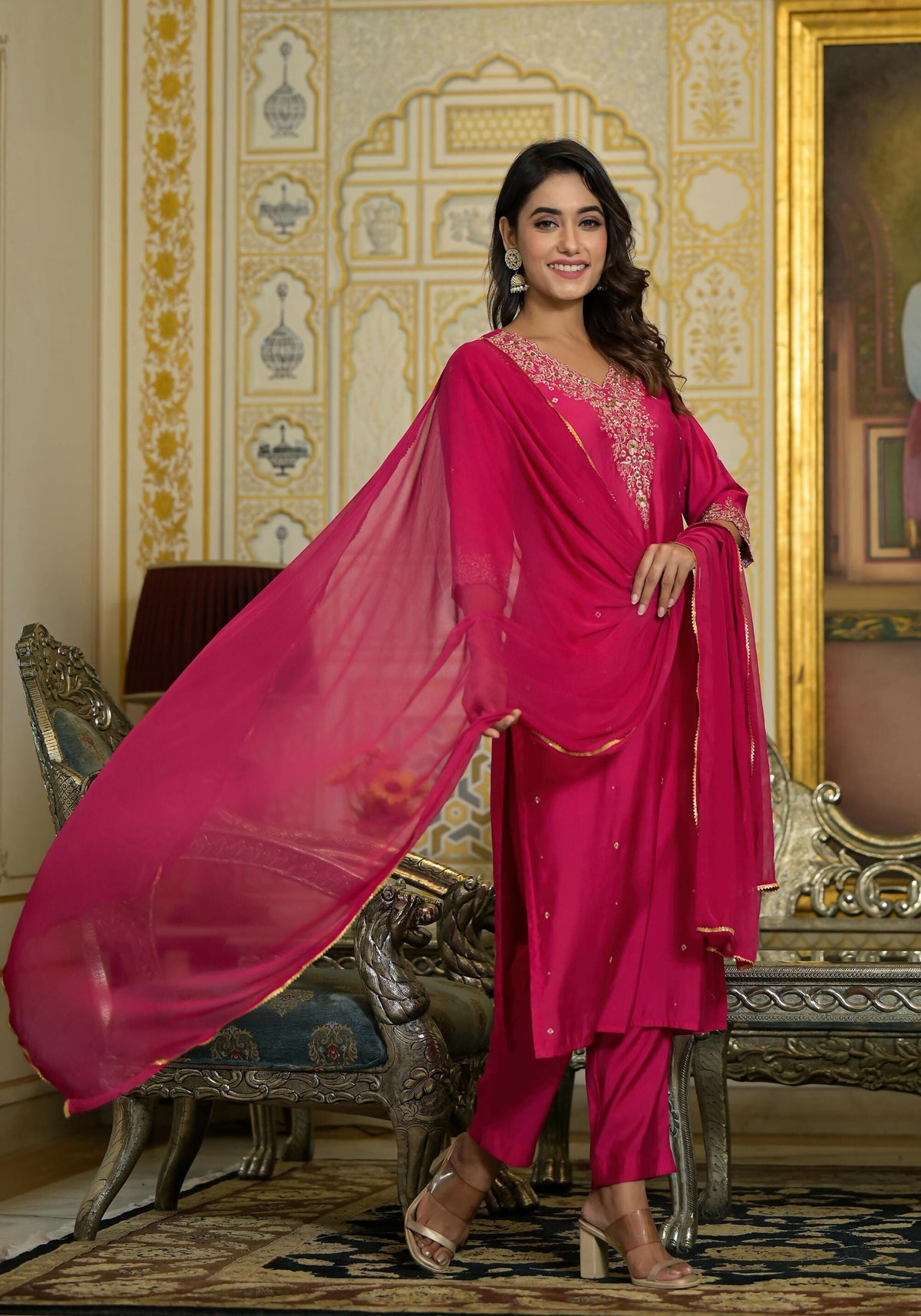Juniper Women's Fuchsia Zari Embroidered Viscose Kurta Pant And Dupatta Set With Lace | Grocsy
