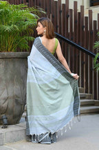 Beatitude Grey Cotton Jacquard Border Tangail Handloom Saree | Grocsy