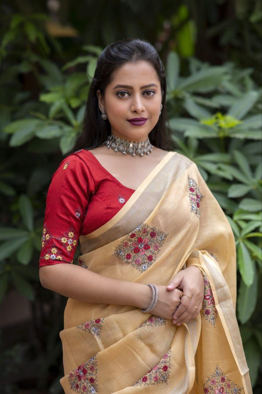 Yellow Pure Linen Ethnic Motifs Saree with Unstitched Blouse - A2M | Grocsy