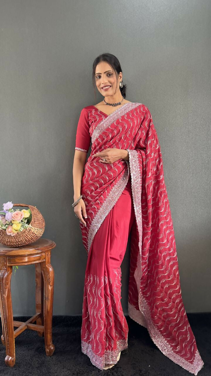 Vastranavya Pink Chinnon Silk Embroidery Multi Sequence & Arco Cut Work Ready to Wear Saree | Grocsy