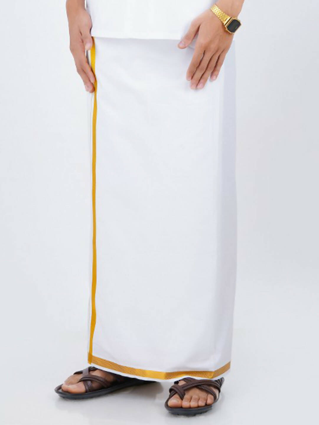 Ramraj Cotton Mens Pure Cotton 1/2 Inch Gold Jari Dhoti - White | Grocsy