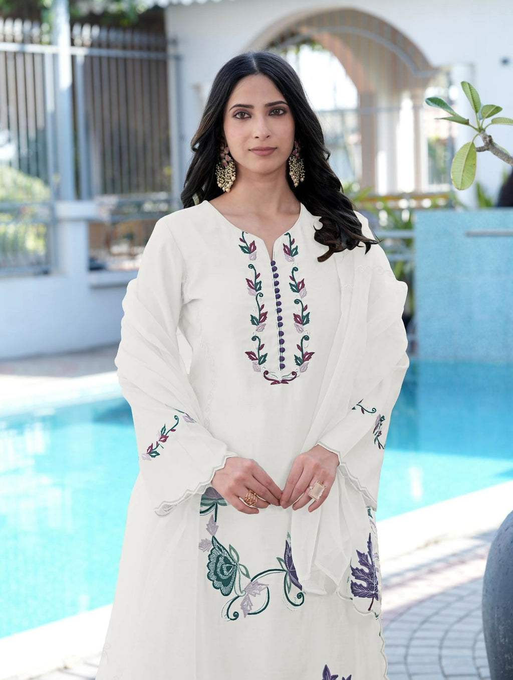 Nikhaar Cream Embroidered Art Silk Stitched Straight Cut Kurta Pants Dupatta Readymade Suit | Grocsy