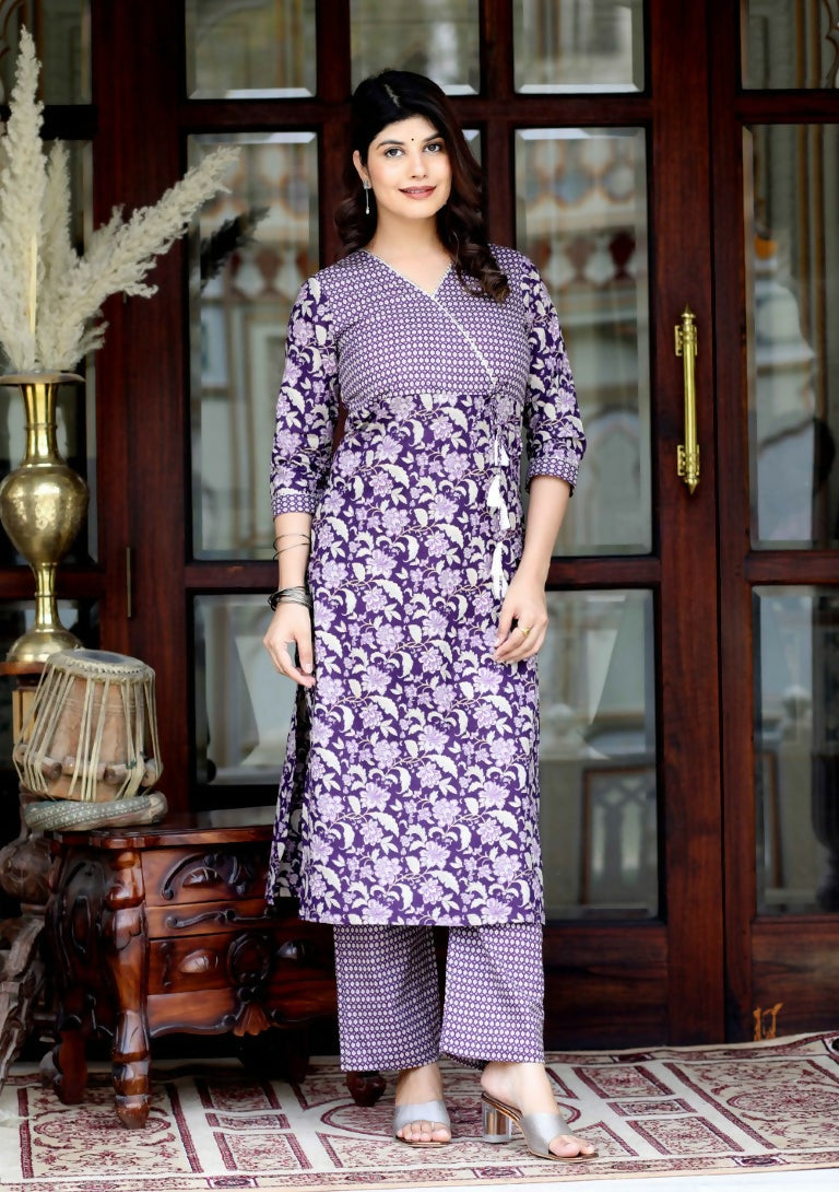 Miravan Women's Floral Block Printed Purple Angrakha Kurta With Floral Palazzo | Grocsy