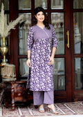 Miravan Women's Floral Block Printed Purple Angrakha Kurta With Floral Palazzo | Grocsy