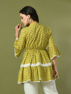 Myshka Women's Yellow Embellished Cotton Gathered Party Empire Top | Grocsy