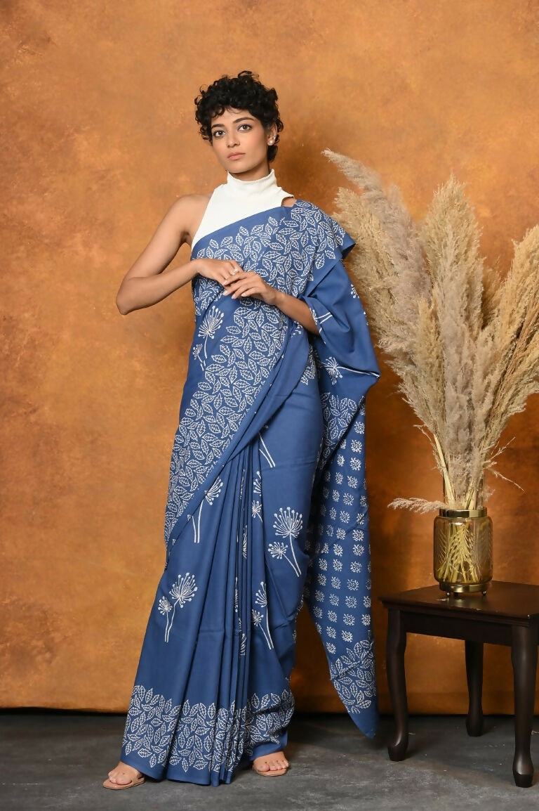 Very Much Indian Handblock Printed Cotton Saree With Natural Dyes - Cyan Blue | Grocsy