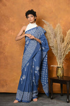 Very Much Indian Handblock Printed Cotton Saree With Natural Dyes - Cyan Blue | Grocsy