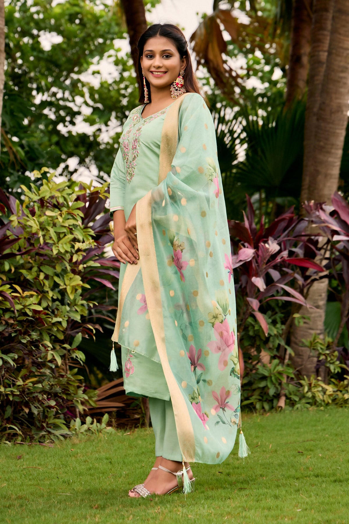 The52 Women's Beautiful Embroidery Work Roman Fabric Straight Kurta Pant and Dupatta Set | Grocsy