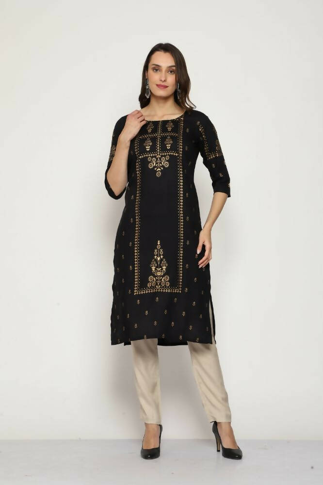 Maai Rayon Hand Printed Kurta Black | Grocsy